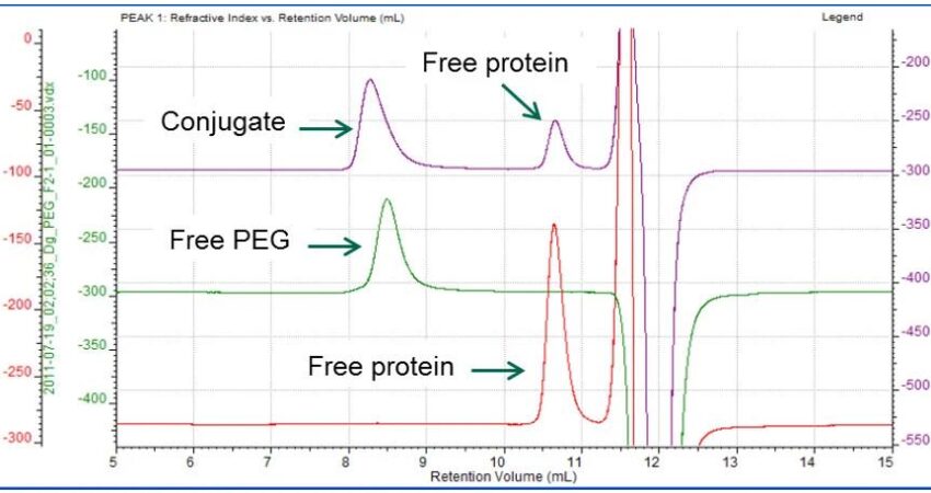 Wielodetekcja może zidentyfikować i scharakteryzować wolne białko, wolny PEG i koniugat białka w próbce mieszanej.